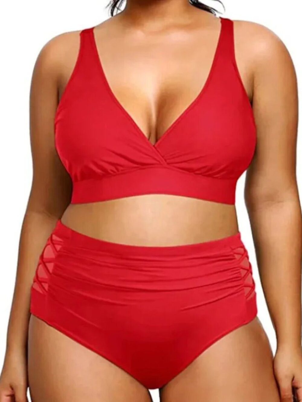 Super Stylish Elastic Closure V-Neck High Waisted Women Two Piece Bikin